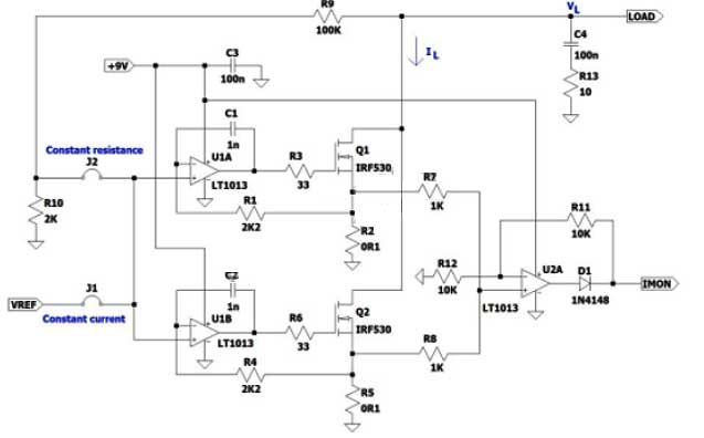 设置恒定电阻并构建电流负载用MOS场效应管和运算放大器